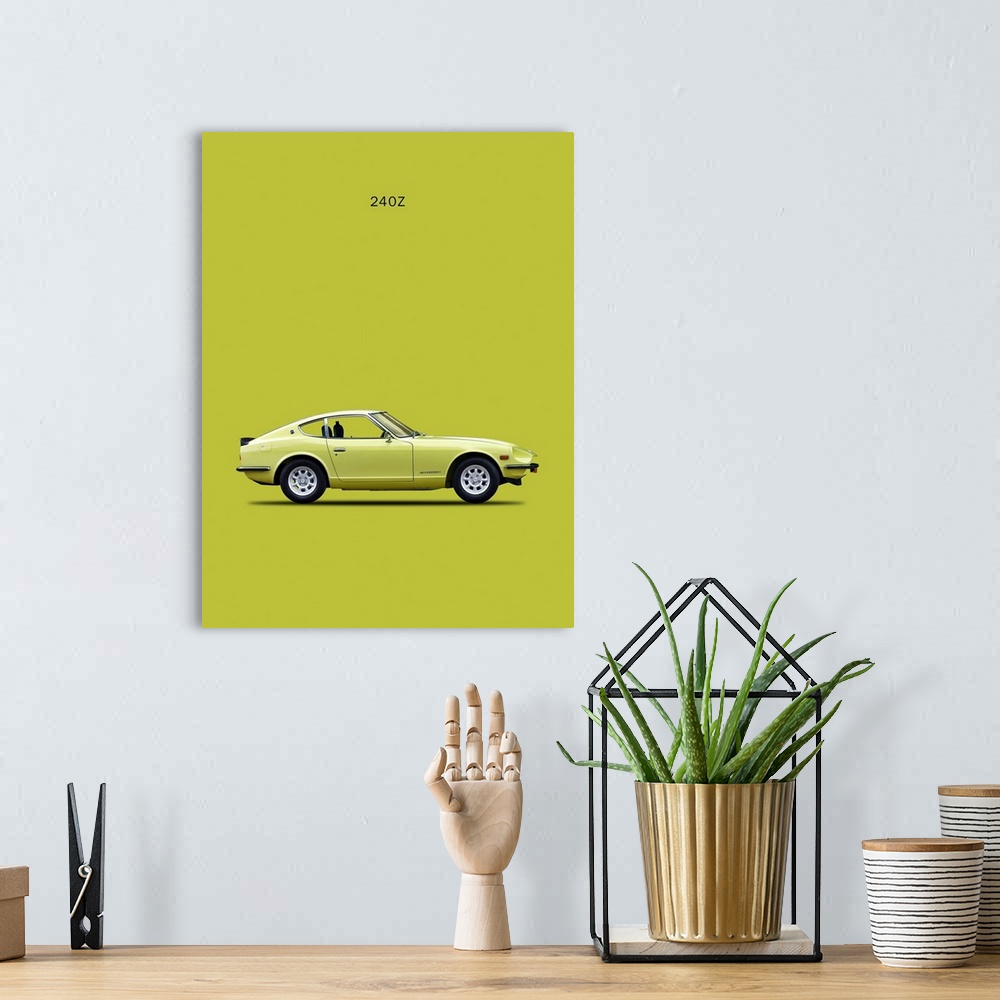 A bohemian room featuring Photograph of a lime green Datsun 240Z 1969 printed on a yellow-green background