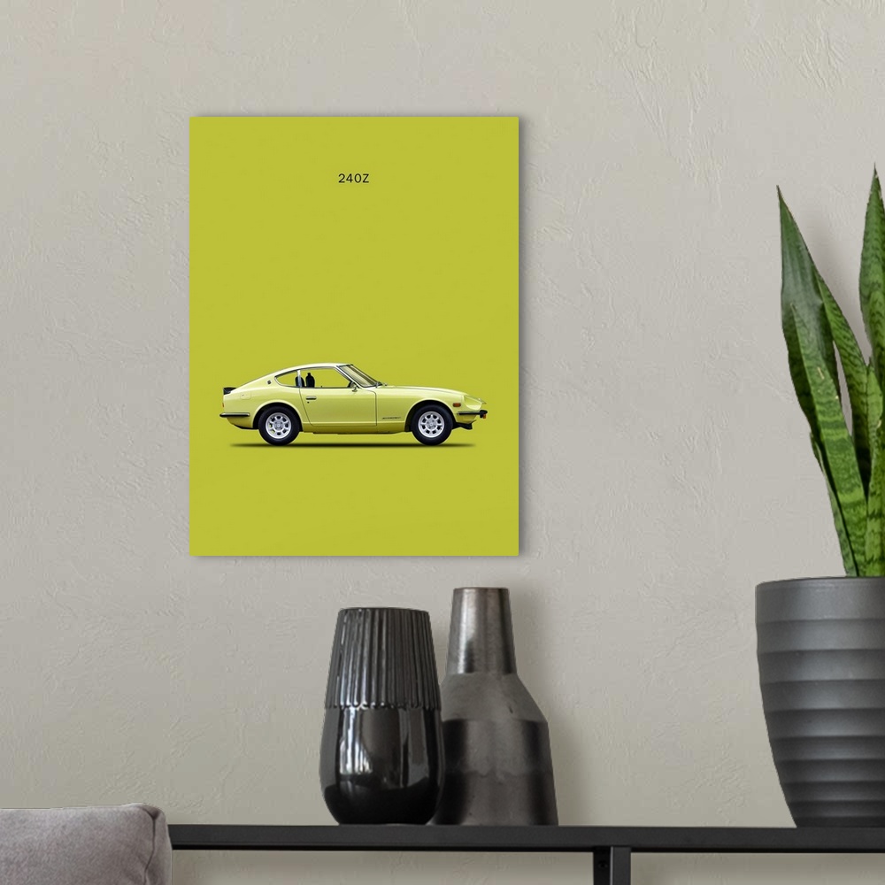 A modern room featuring Photograph of a lime green Datsun 240Z 1969 printed on a yellow-green background