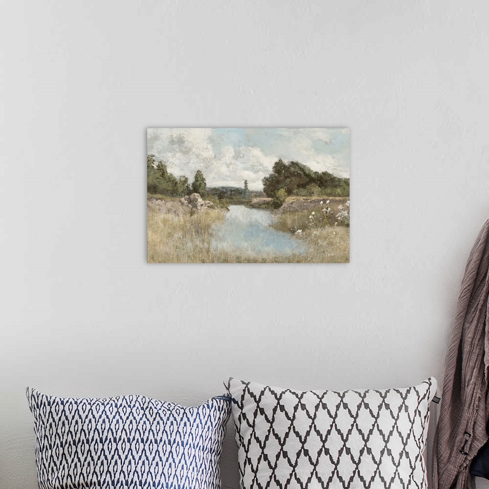 A bohemian room featuring This contemporary artwork features a calm view of a shore with soothing colors and distressed tex...