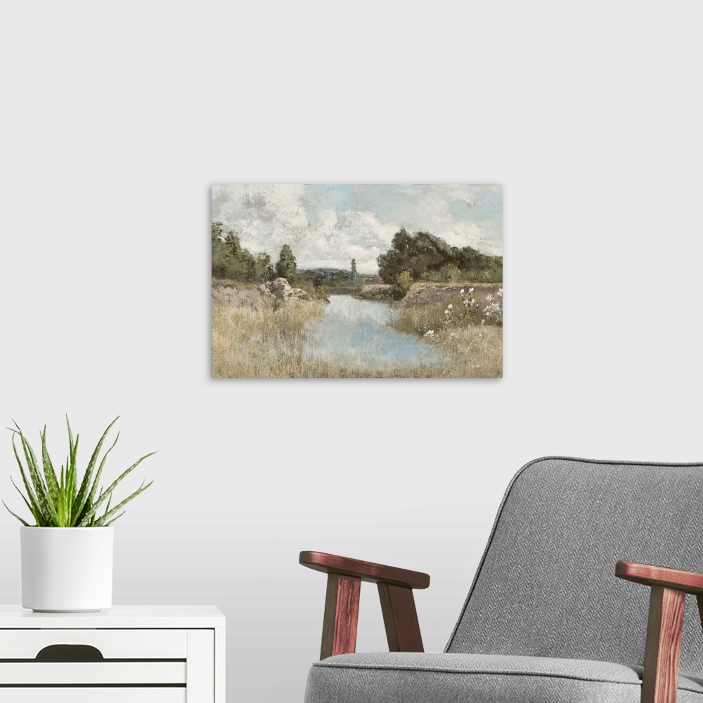 A modern room featuring This contemporary artwork features a calm view of a shore with soothing colors and distressed tex...