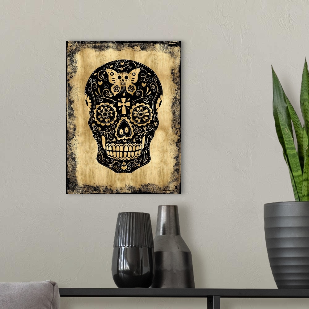 A modern room featuring Black and gold Dia De Los Muertos skull.
