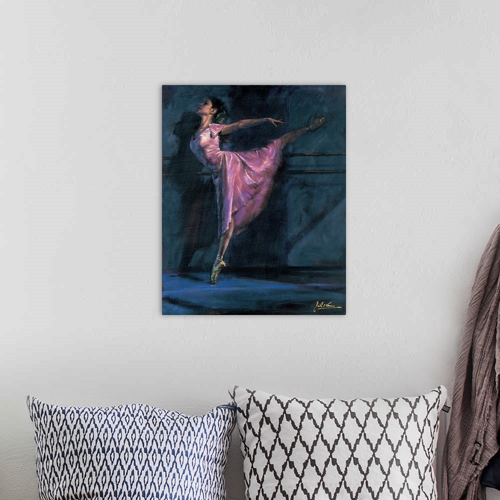 A bohemian room featuring Contemporary painting of a ballerina in pink holding an arabesque on pointe next to a ballet barre.