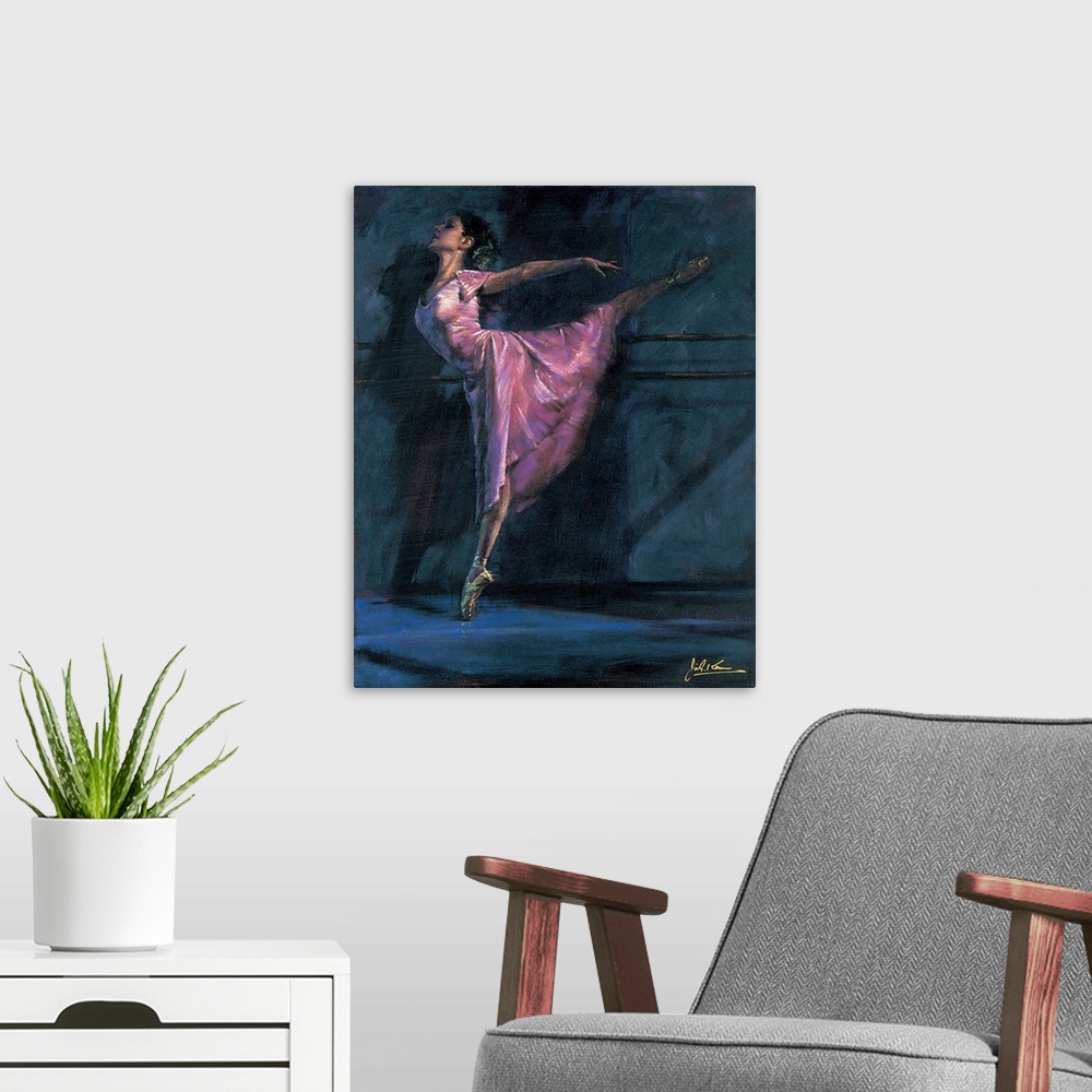 A modern room featuring Contemporary painting of a ballerina in pink holding an arabesque on pointe next to a ballet barre.