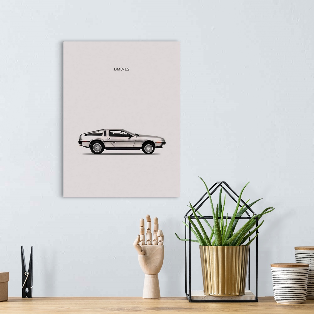 A bohemian room featuring Photograph of a silver DeLorean DMC printed on a silver background