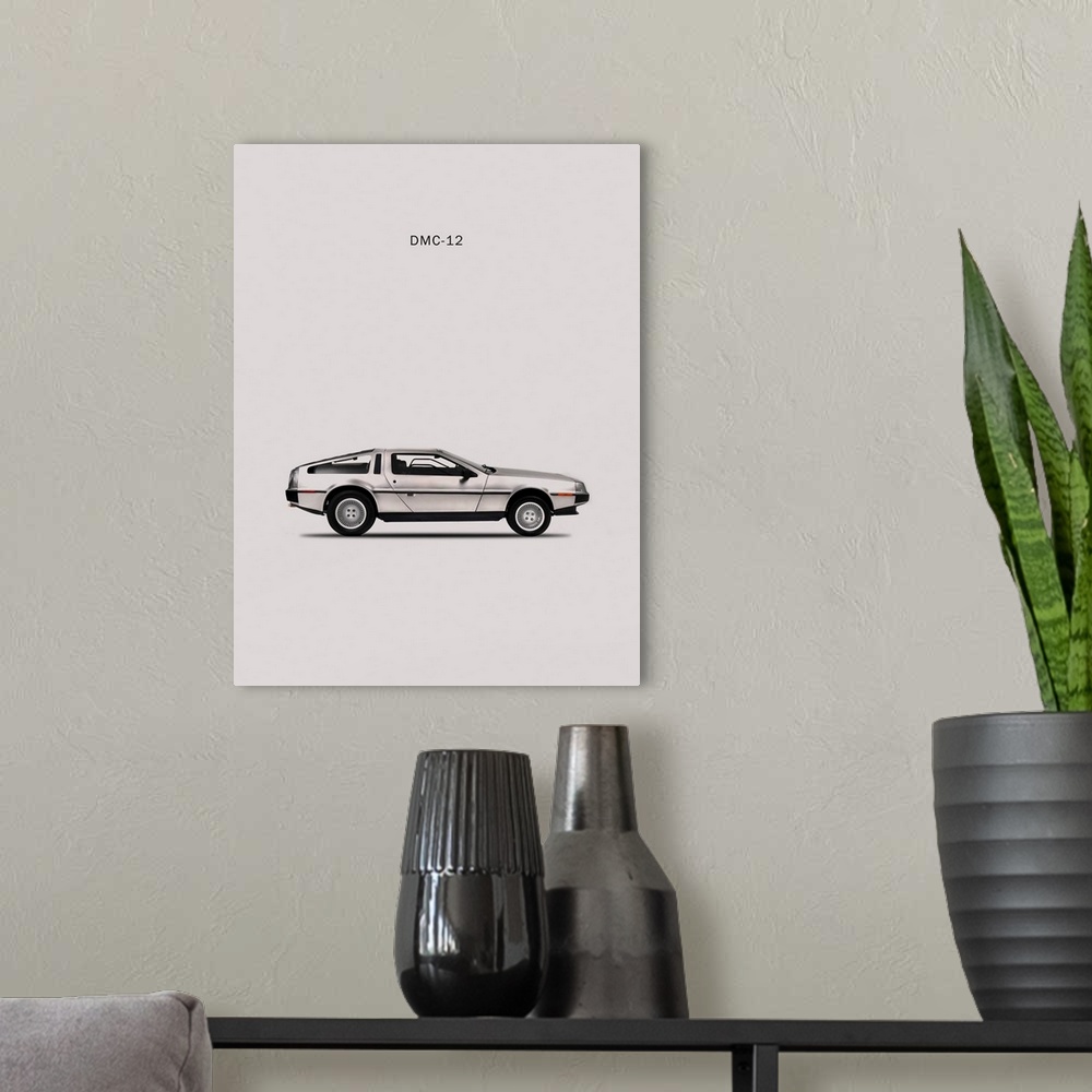 A modern room featuring Photograph of a silver DeLorean DMC printed on a silver background