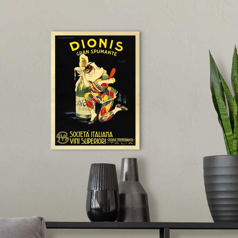 A modern room featuring Vintage advertisement of French Wine, Dionis, 1925.