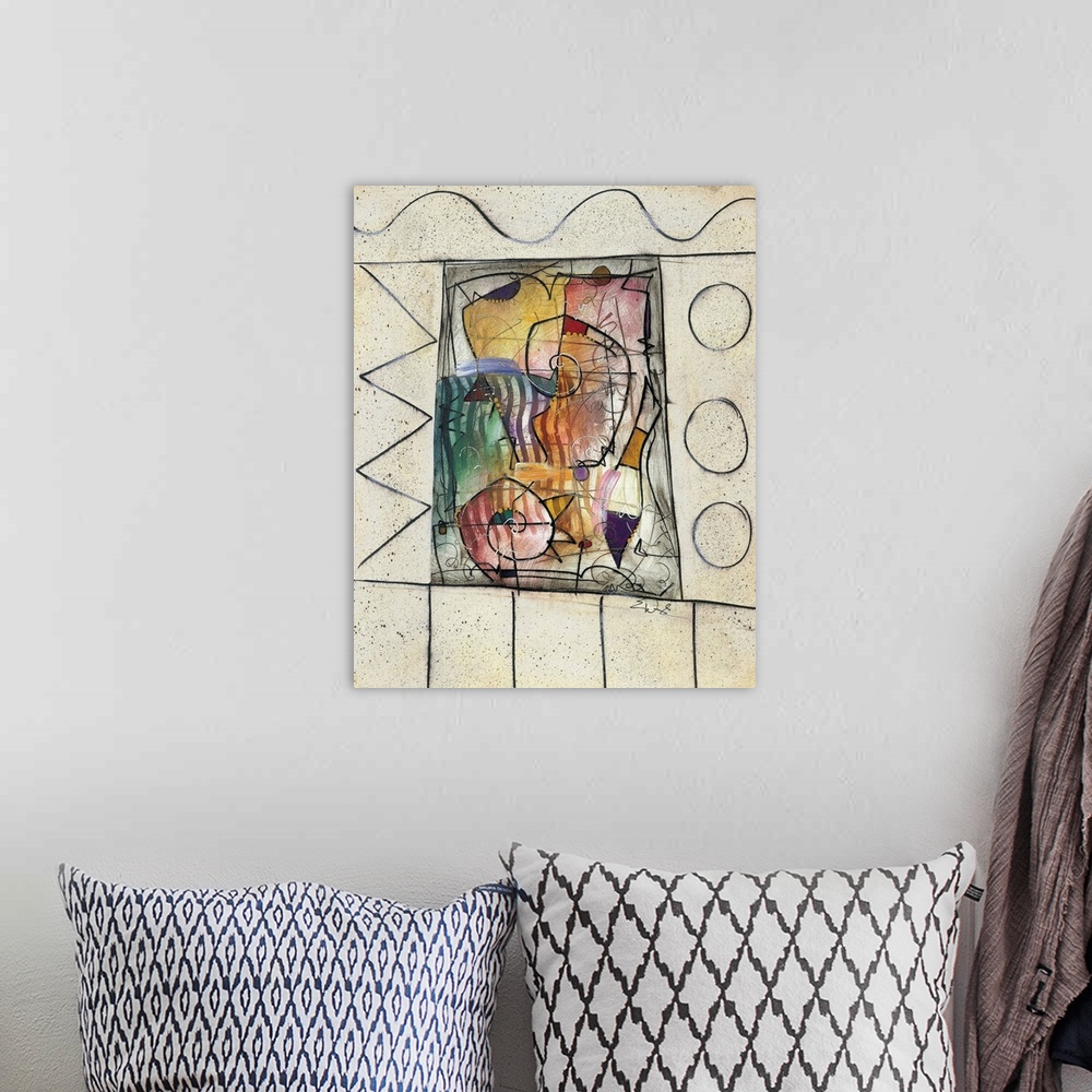 A bohemian room featuring Abstract shapes in vibrant colors framed by a natural color border.