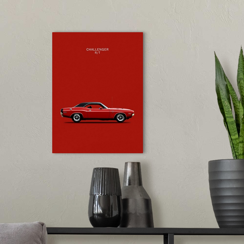 A modern room featuring Photograph of a dark red Dodge Challenger R-T 1970 with a black hood printed on a red background
