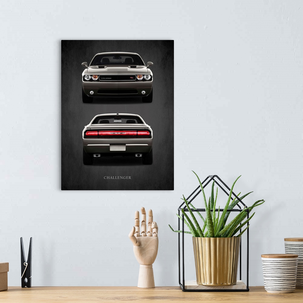 A bohemian room featuring Photograph of a charcoal Dodge Challenger RT printed on a black background with a dark vignette.