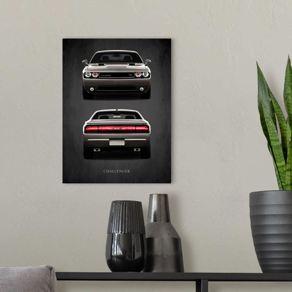 A modern room featuring Photograph of a charcoal Dodge Challenger RT printed on a black background with a dark vignette.