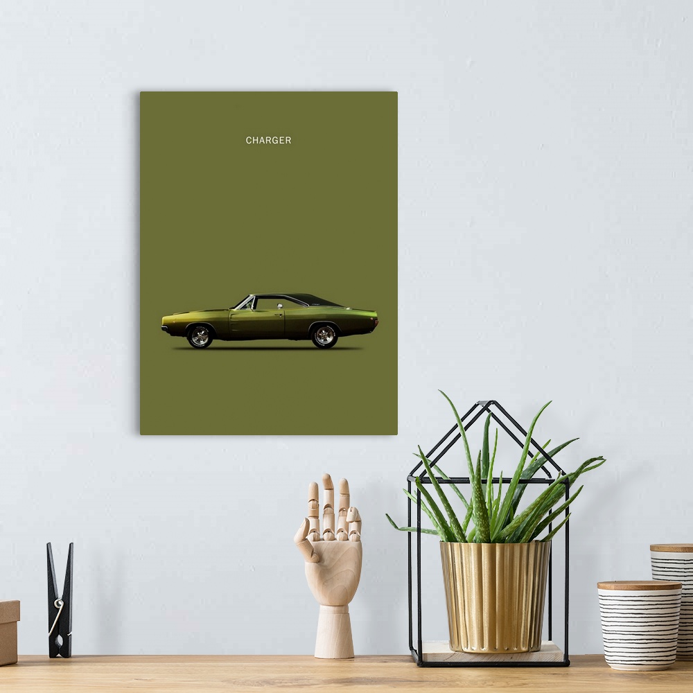 A bohemian room featuring Photograph of an olive green Dodge Charger printed on a dark green background