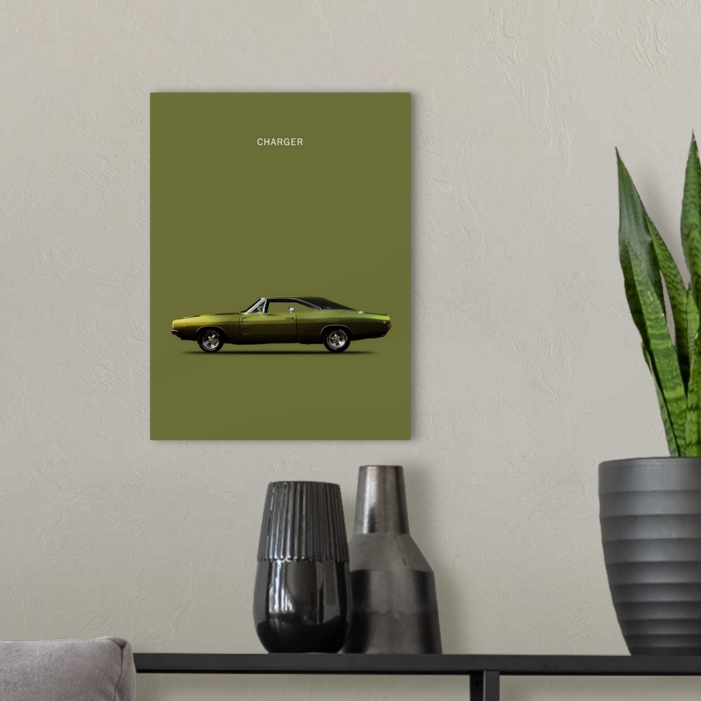 A modern room featuring Photograph of an olive green Dodge Charger printed on a dark green background