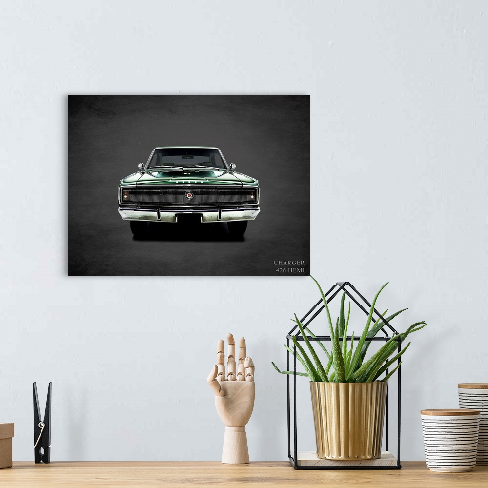 A bohemian room featuring Photograph of a green 1967 Dodge Charger 426Hemi printed on a black background with a dark vignette.