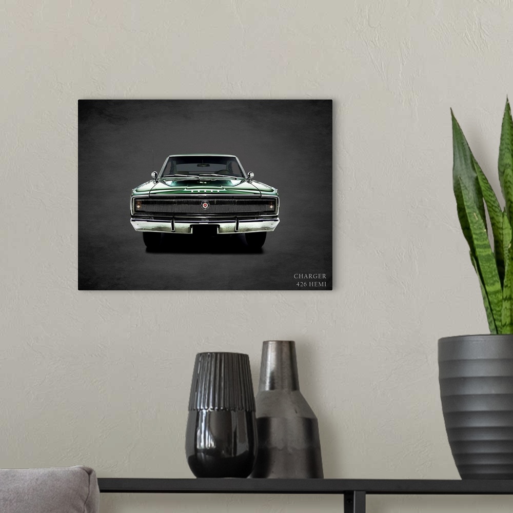 A modern room featuring Photograph of a green 1967 Dodge Charger 426Hemi printed on a black background with a dark vignette.