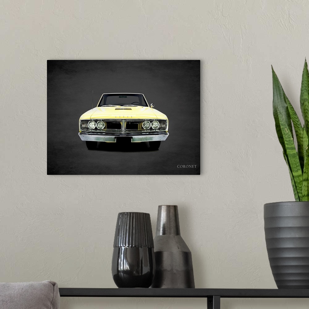 A modern room featuring Photograph of a yellow 1966 Dodge Coronet printed on a black background with a dark vignette.