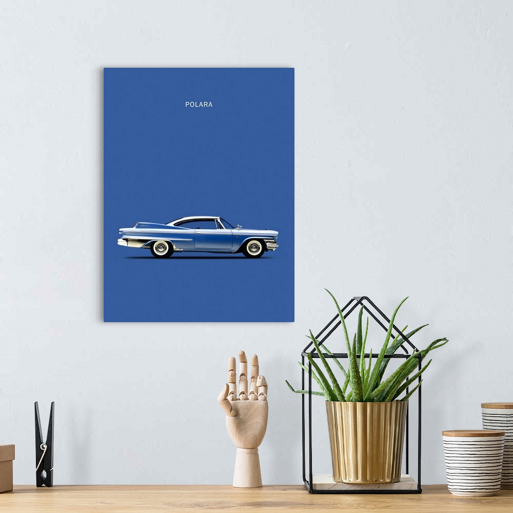 A bohemian room featuring Photograph of a blue Dodge Polara D500 1960 printed on a blue background