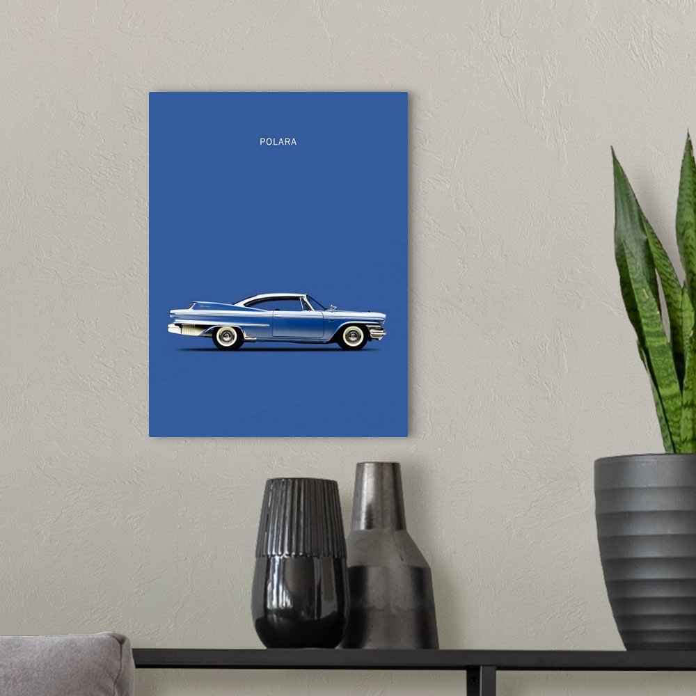 A modern room featuring Photograph of a blue Dodge Polara D500 1960 printed on a blue background