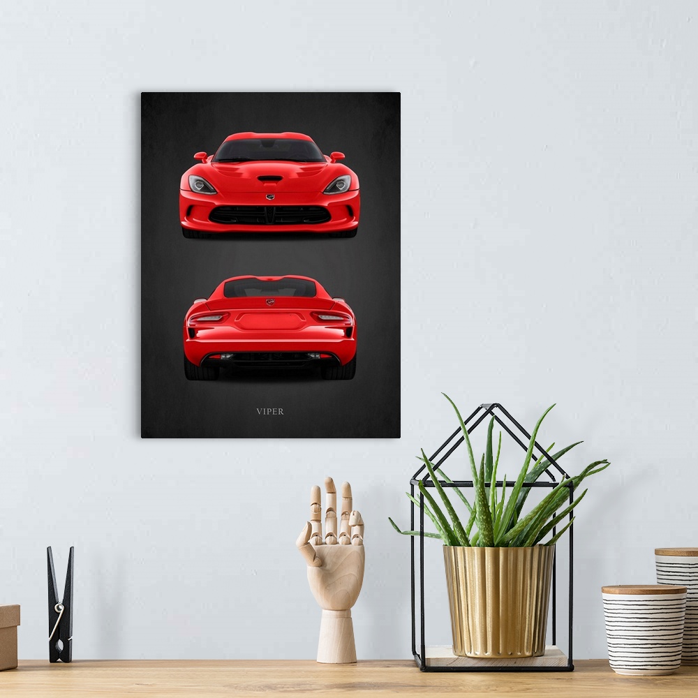 A bohemian room featuring Photograph of a red Dodge Viper printed on a black background with a dark vignette.