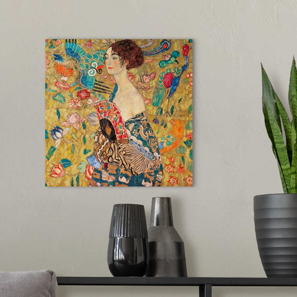 A modern room featuring Donna con ventaglio (Woman with Fan) by Gustav Klimt