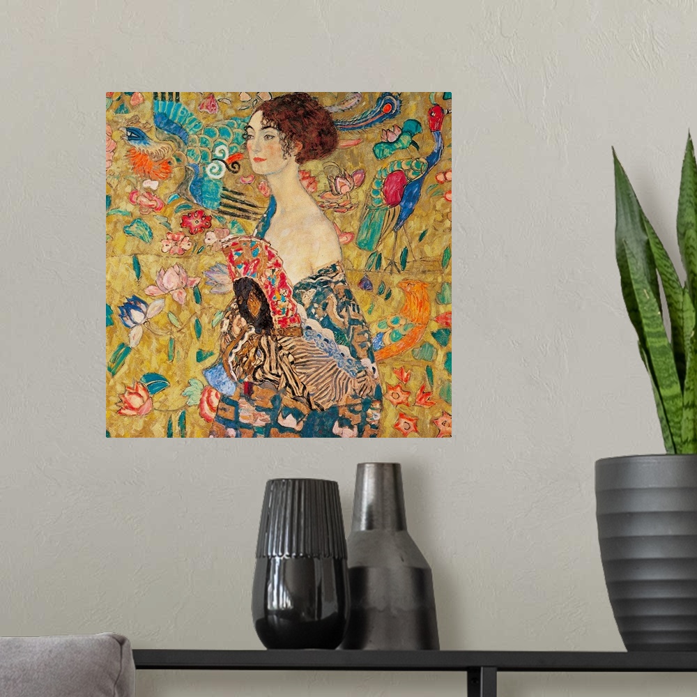 A modern room featuring Donna con ventaglio (Woman with Fan) by Gustav Klimt