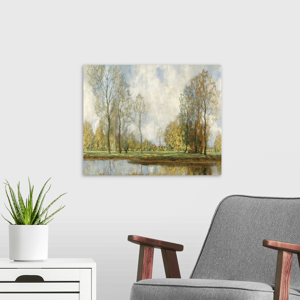 A modern room featuring Landscape painting of tall slender trees overlooking a tranquil pond.