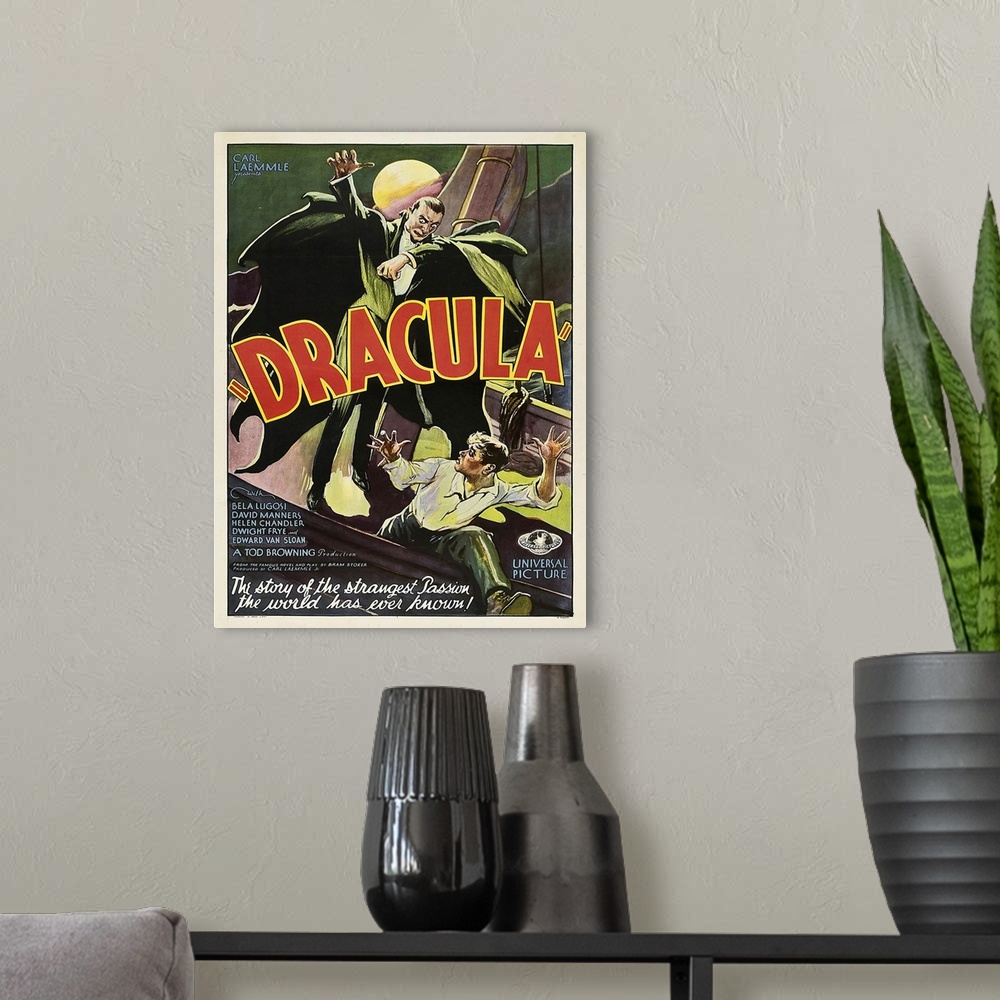 A modern room featuring Vintage movie poster for "Dracula" from 1931.