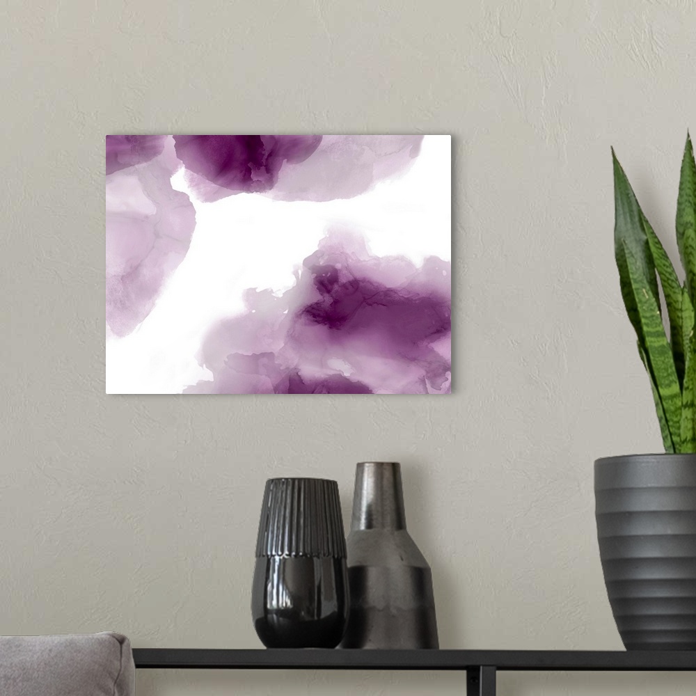 A modern room featuring Abstract painting with amethyst purple hues splattered together on a white background.