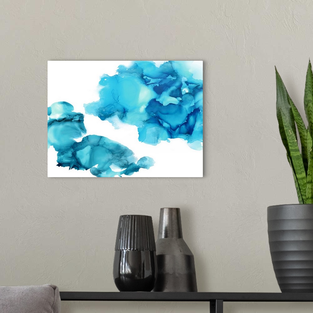 A modern room featuring Abstract painting with aqua hues splattered together on a white background.