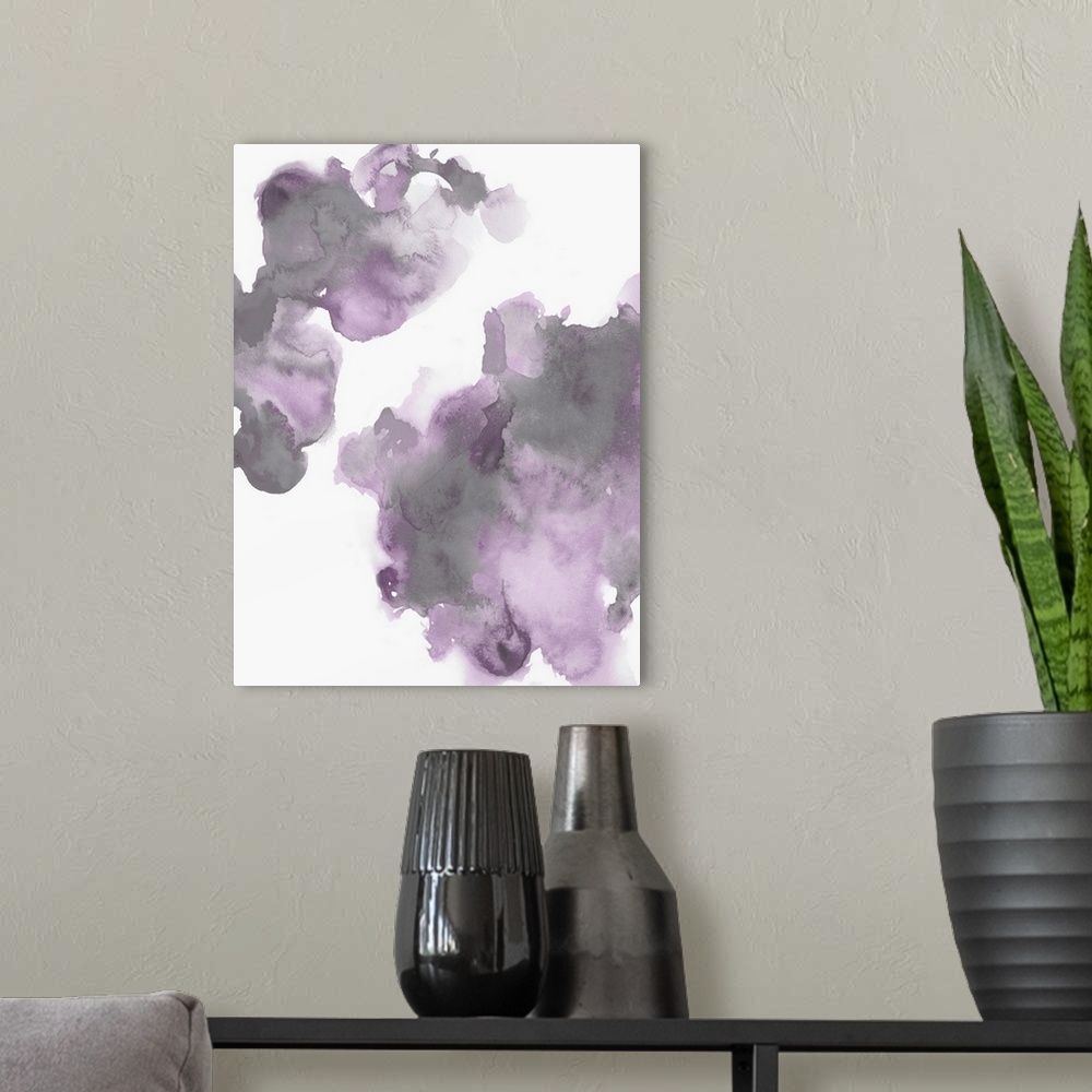 A modern room featuring Abstract painting with lavender and gray hues splattered together on a white background.