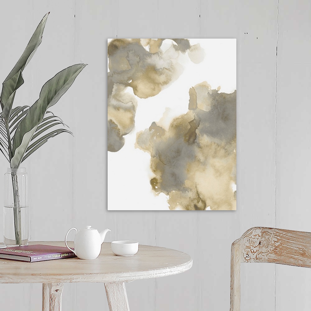 A farmhouse room featuring Abstract painting with gold and gray hues splattered together on a white background.