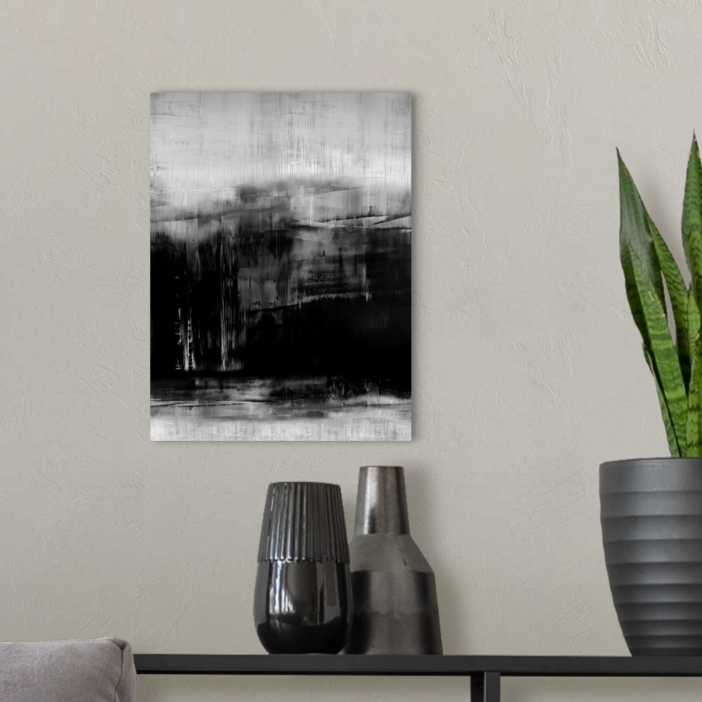 A modern room featuring Abstract artwork of vertical brush strokes in black and white with visible horizontal lines throu...