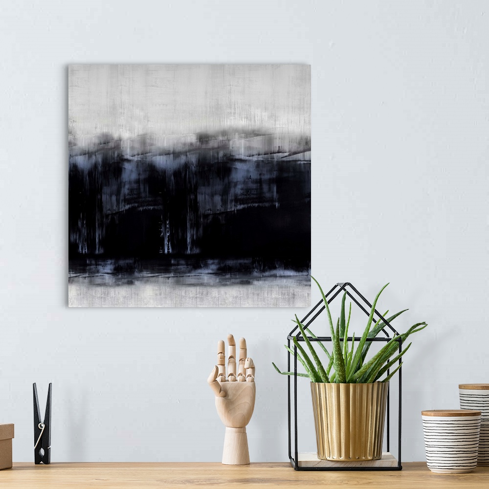 A bohemian room featuring Abstract artwork of vertical brush strokes in black, blue and white with visible horizontal lines...