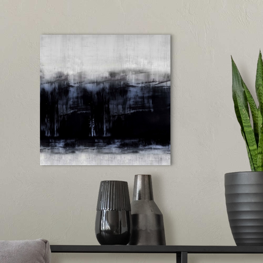 A modern room featuring Abstract artwork of vertical brush strokes in black, blue and white with visible horizontal lines...