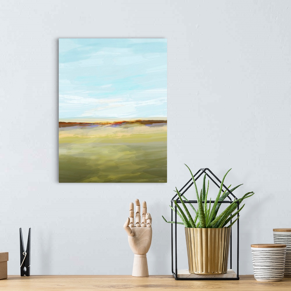 A bohemian room featuring Abstract landscape created with translucent layers of color, creating an open field with a blue sky.