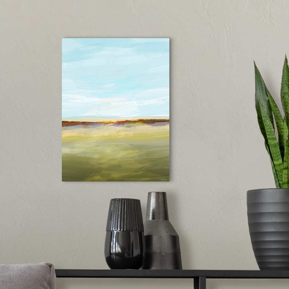 A modern room featuring Abstract landscape created with translucent layers of color, creating an open field with a blue sky.