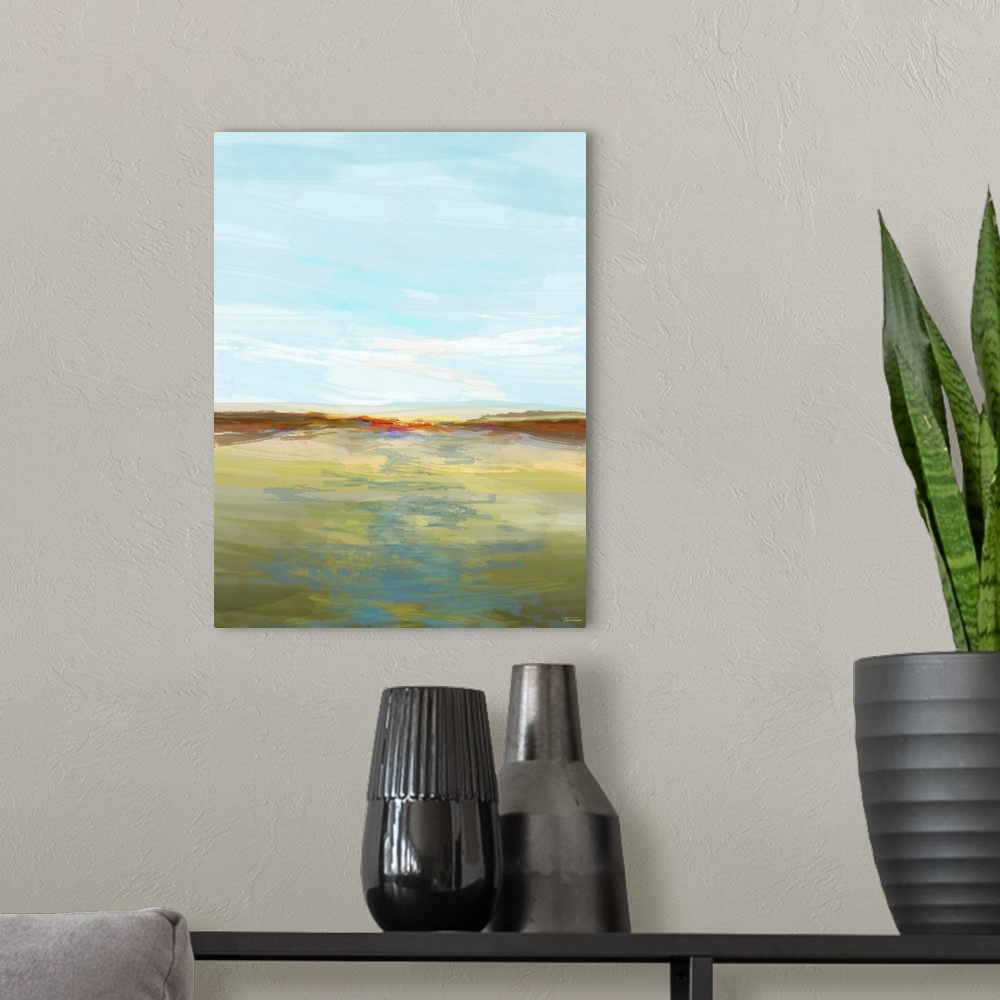 A modern room featuring Abstract landscape created with translucent layers of color, creating an open field with a river ...