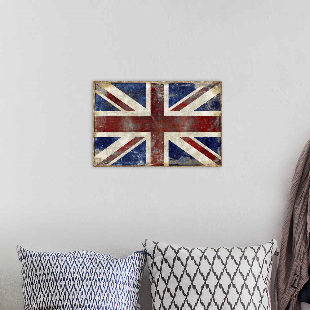 A bohemian room featuring Weathered and dull version of the flag of England.