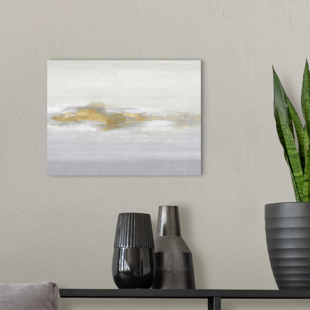 A modern room featuring Contemporary abstract artwork in muted gray tones with gold colored brush accents.