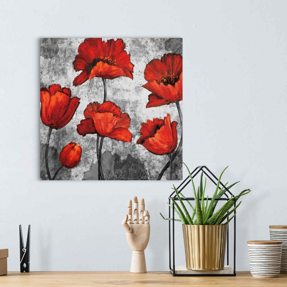 A bohemian room featuring Square decor with six red poppies on a background made with grey tones and a few grey poppies.
