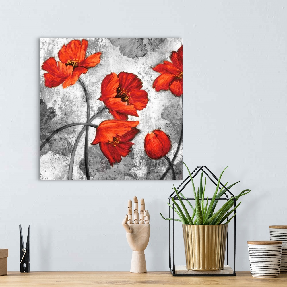 A bohemian room featuring Square decor with five red poppies on a background made with grey tones and a few grey poppies.