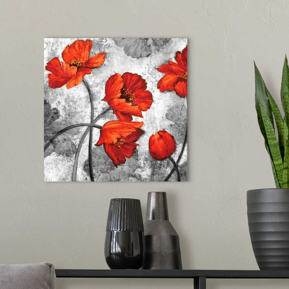 A modern room featuring Square decor with five red poppies on a background made with grey tones and a few grey poppies.