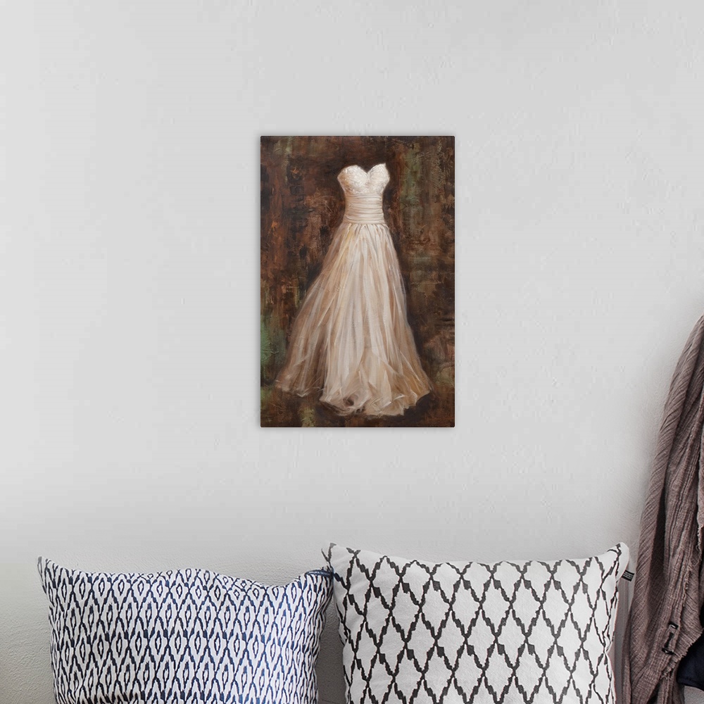 A bohemian room featuring Contemporary painting of a fancy white strapless dress on a background created with shades of bro...