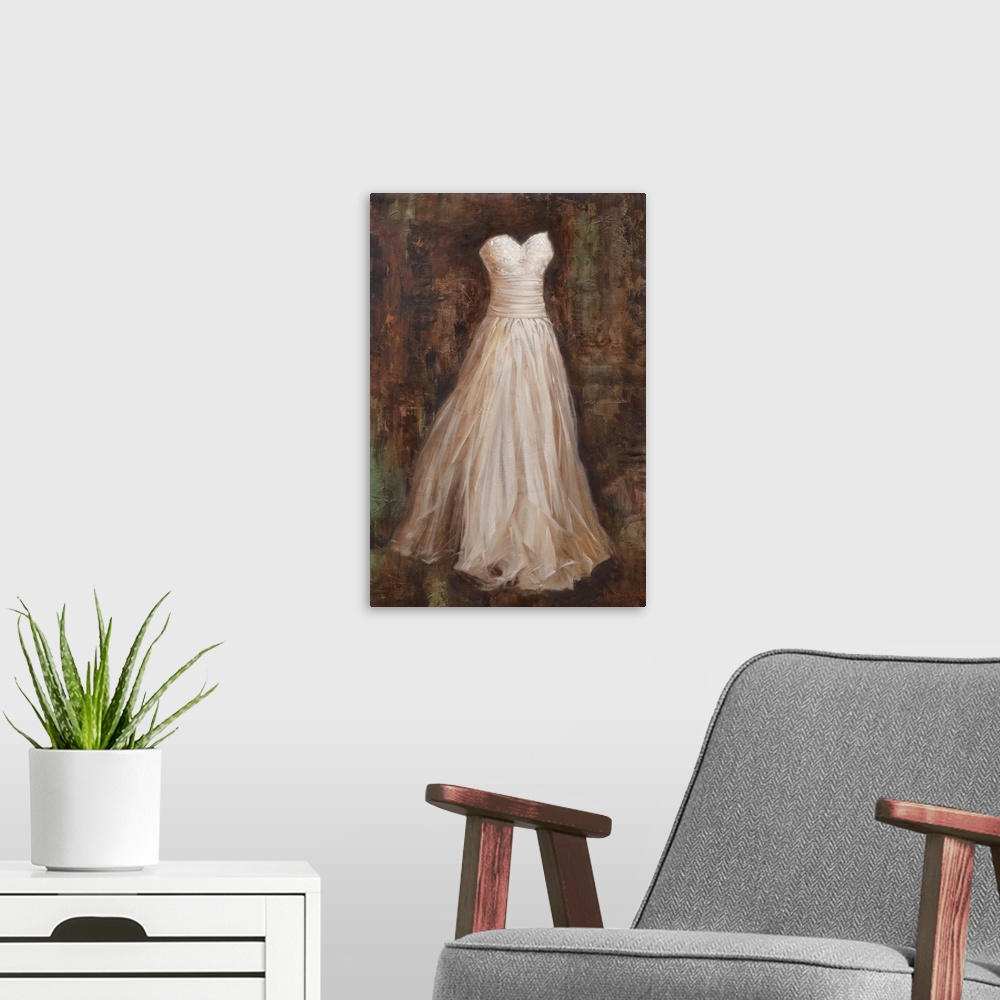 A modern room featuring Contemporary painting of a fancy white strapless dress on a background created with shades of bro...