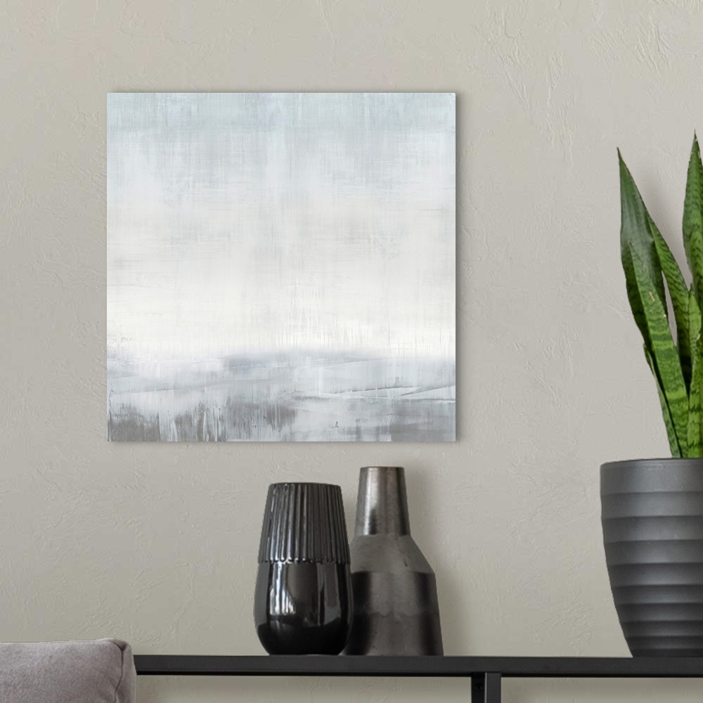 A modern room featuring Contemporary abstract artwork in gray and white with dry brush crosshatching and drips.