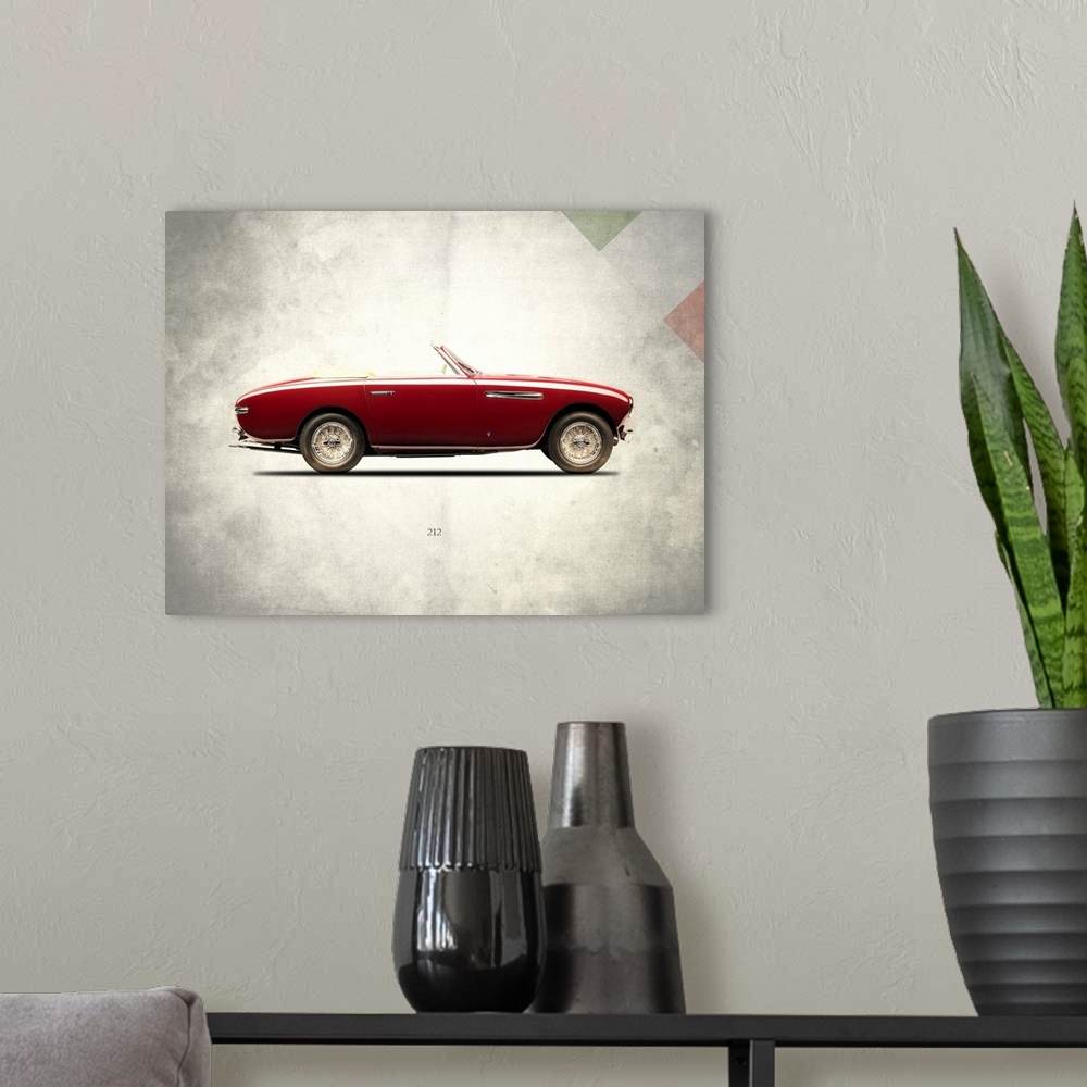 A modern room featuring Photograph of a red Ferrari 212 1951 printed on a distressed white and gray background with part ...