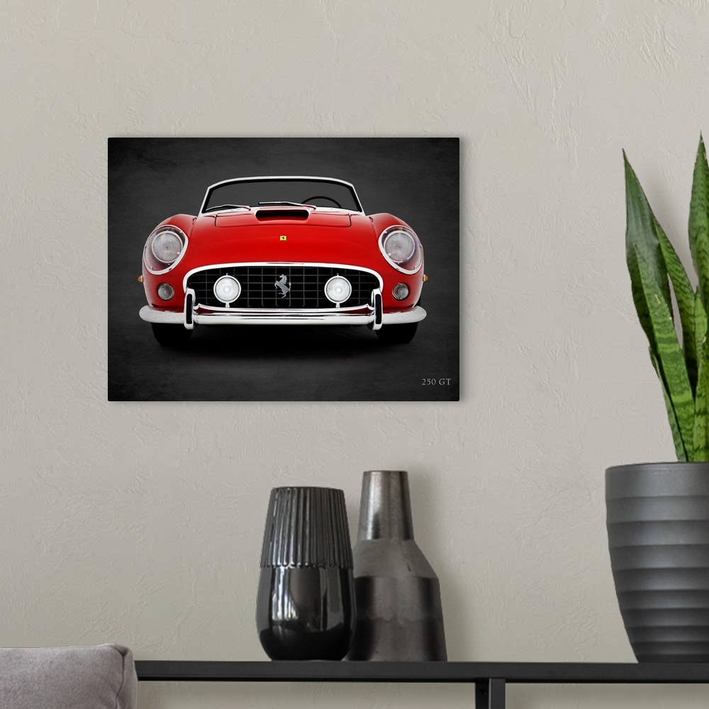 A modern room featuring Photograph of a red Ferrari 250 GT printed on a black background with a dark vignette.