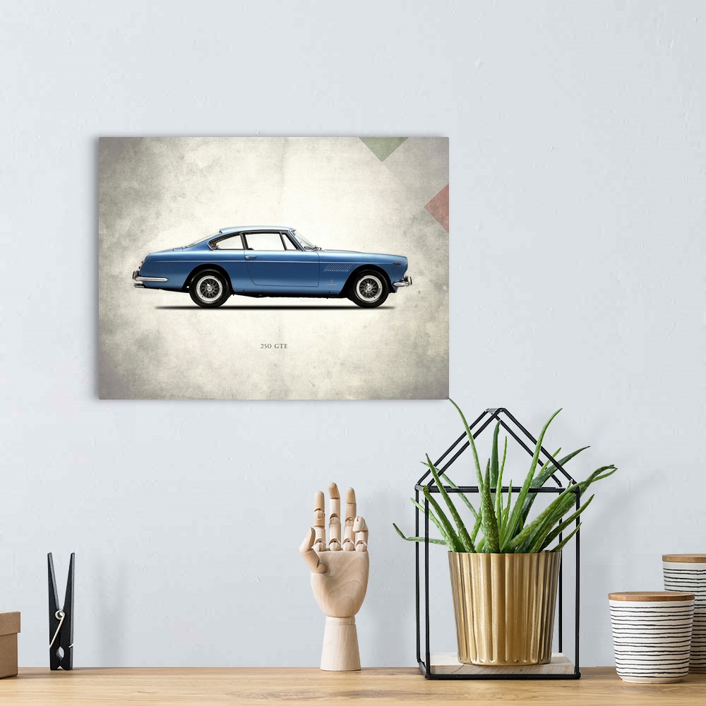 A bohemian room featuring Photograph of a blue Ferrari 250GTE 1962 printed on a distressed white and gray background with p...