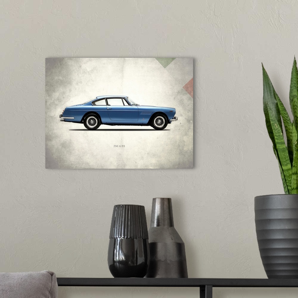 A modern room featuring Photograph of a blue Ferrari 250GTE 1962 printed on a distressed white and gray background with p...