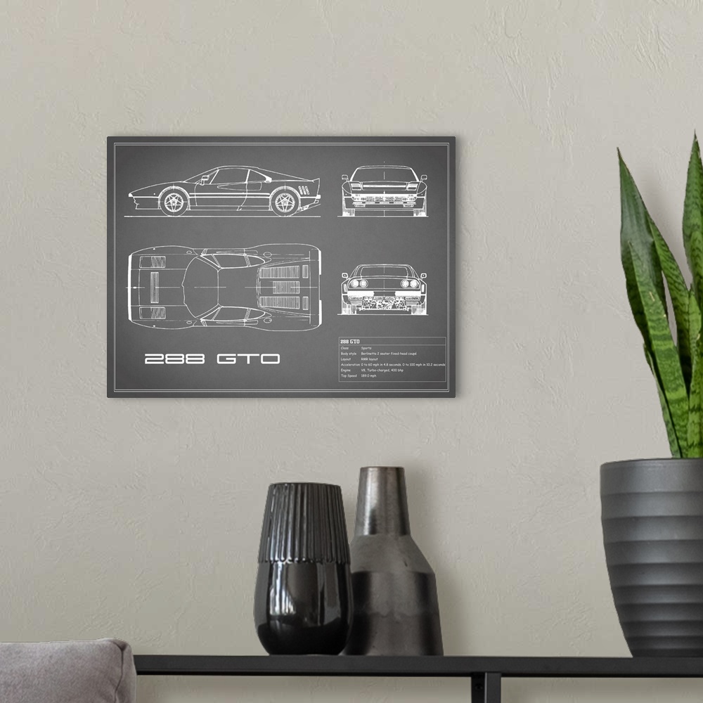 A modern room featuring Antique style blueprint diagram of a Ferrari 288 GTO printed on a Grey background.