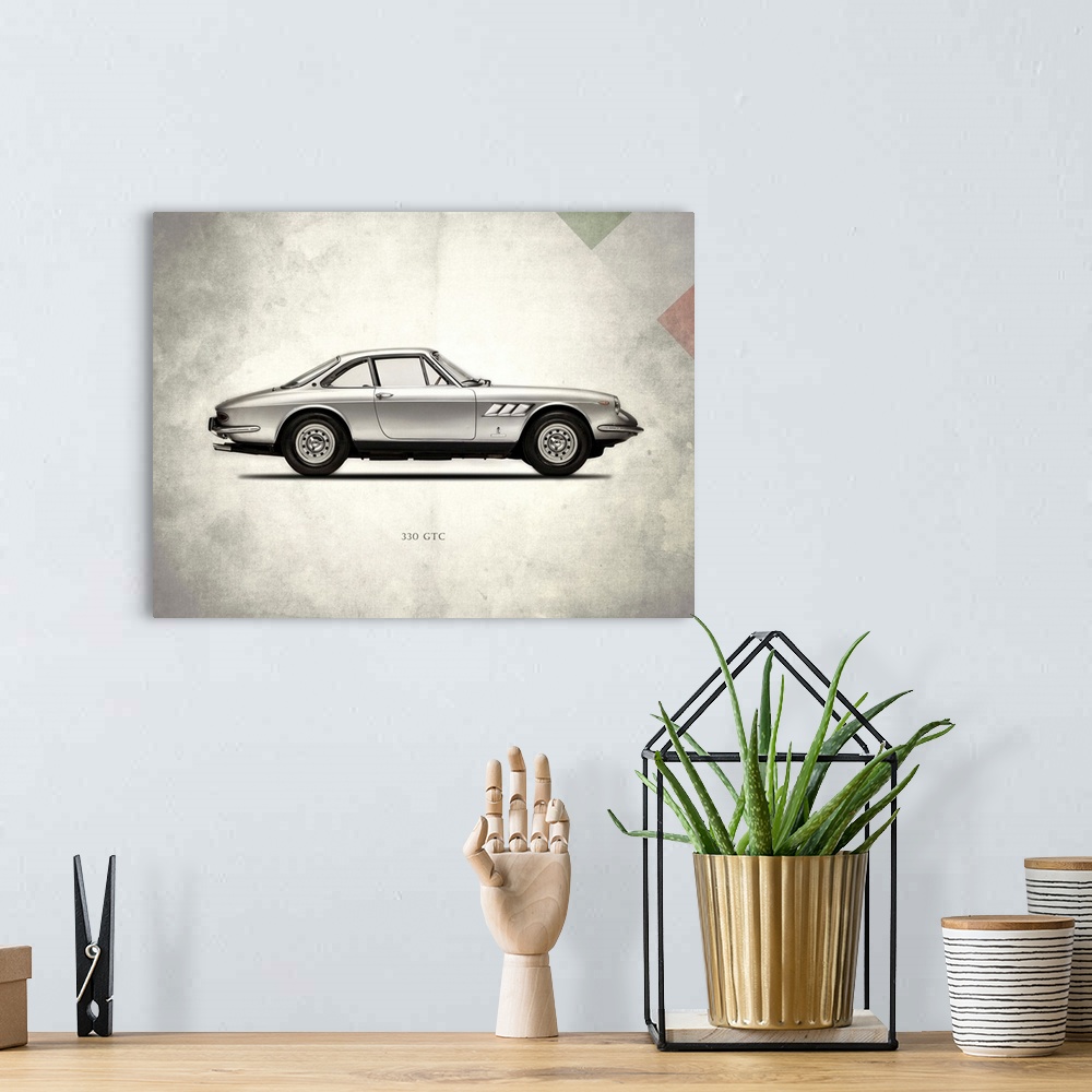 A bohemian room featuring Photograph of a silver Ferrari 330GTC 1968 printed on a distressed white and gray background with...